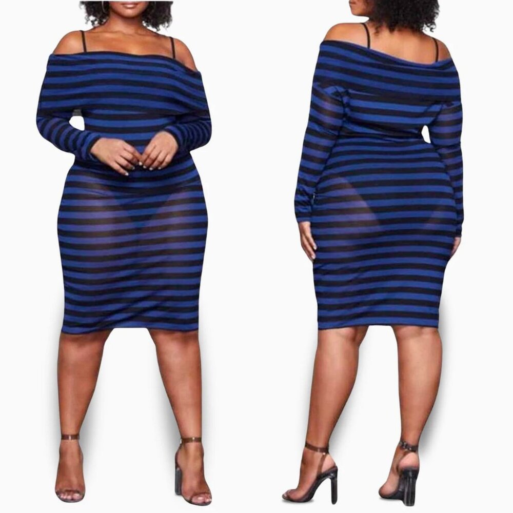 Good American Mesh Striped Off Shoulder Sheer Bodycon Dress 3